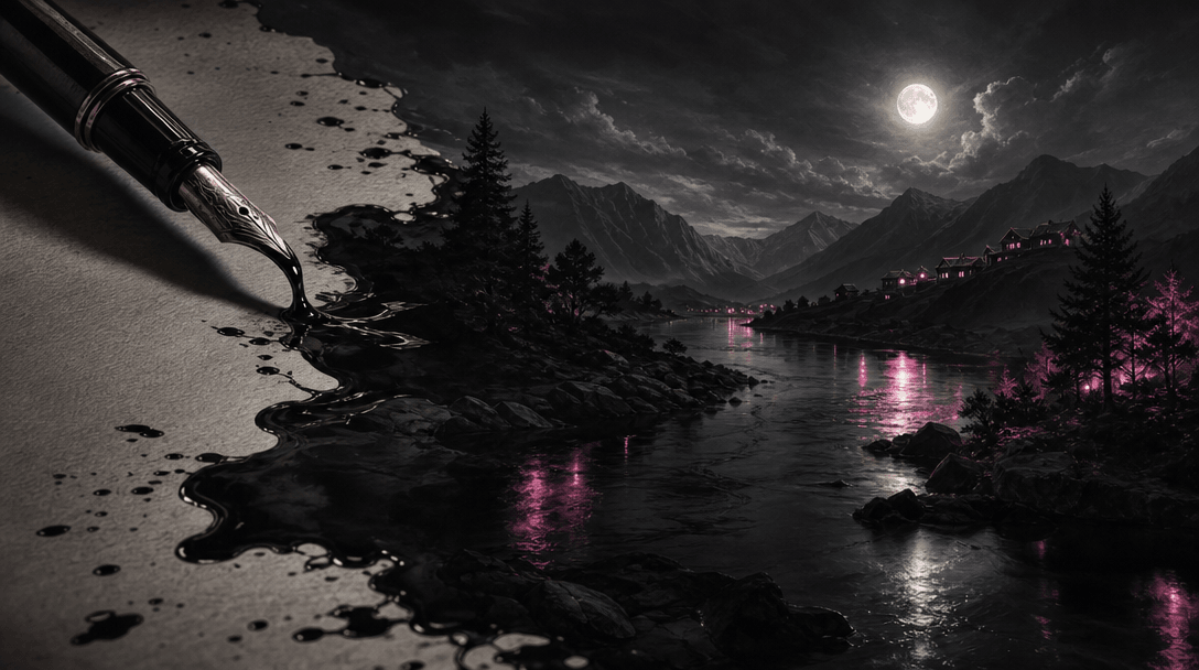 A symbolic scene where black ink flows from a fountain pen and transforms into a moonlit river, mountains, trees, and di