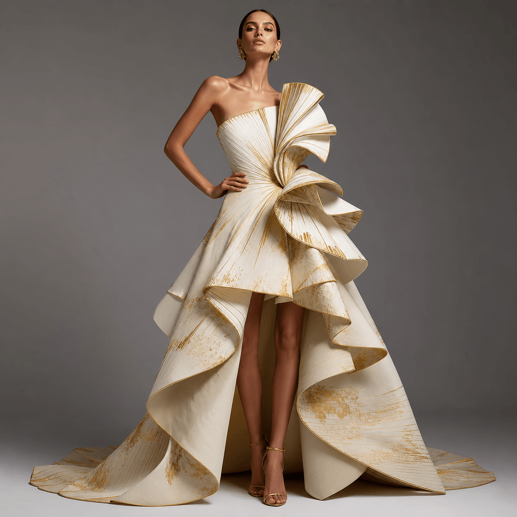 High-fashion model wearing an avant-garde dress design, professional photoshoot lighting, studio environment, confident