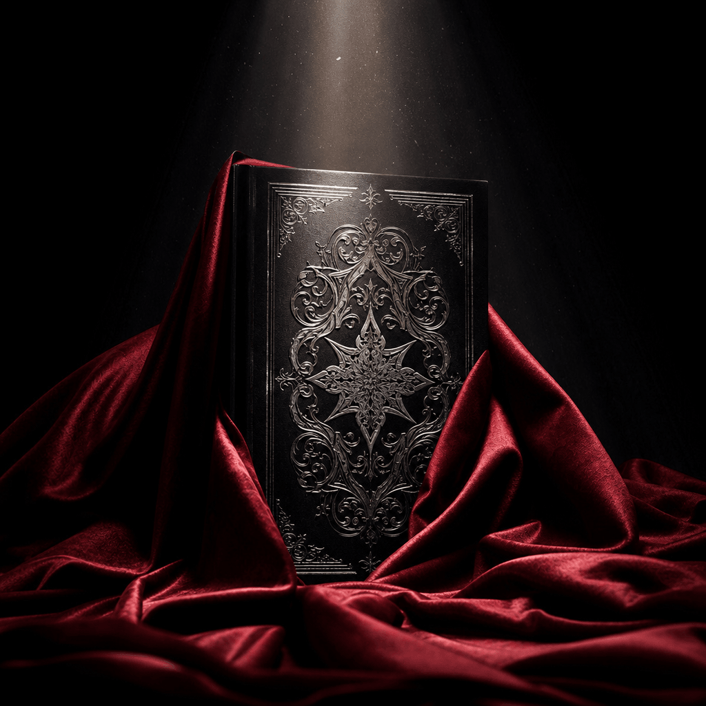 A dark fantasy hardcover emerging from heavy red satin, silver ornamental cover details catching a narrow overhead spotl