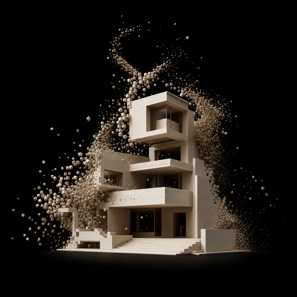 Architectural model reassembling from fragments, smooth particle flow, minimalist design, deep black background, sharp f