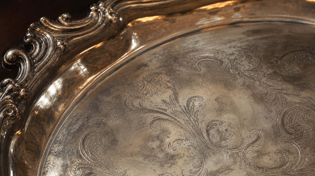 Silver and metal textures. Close-up of vintage silver tray surface with elegant patina. Warm reflected light, sophistica