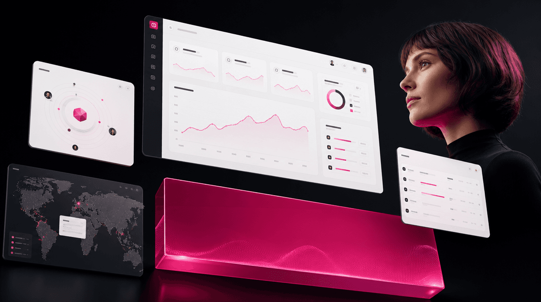 High-contrast performance creative composition: floating UI frames arranged in an advertisement-style layout against a d