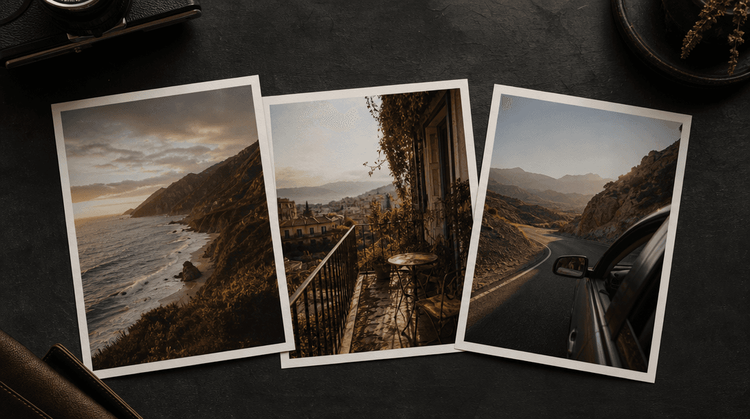 Three physical travel photographs arranged as a connected visual story on a charcoal table, showing coast, balcony, and