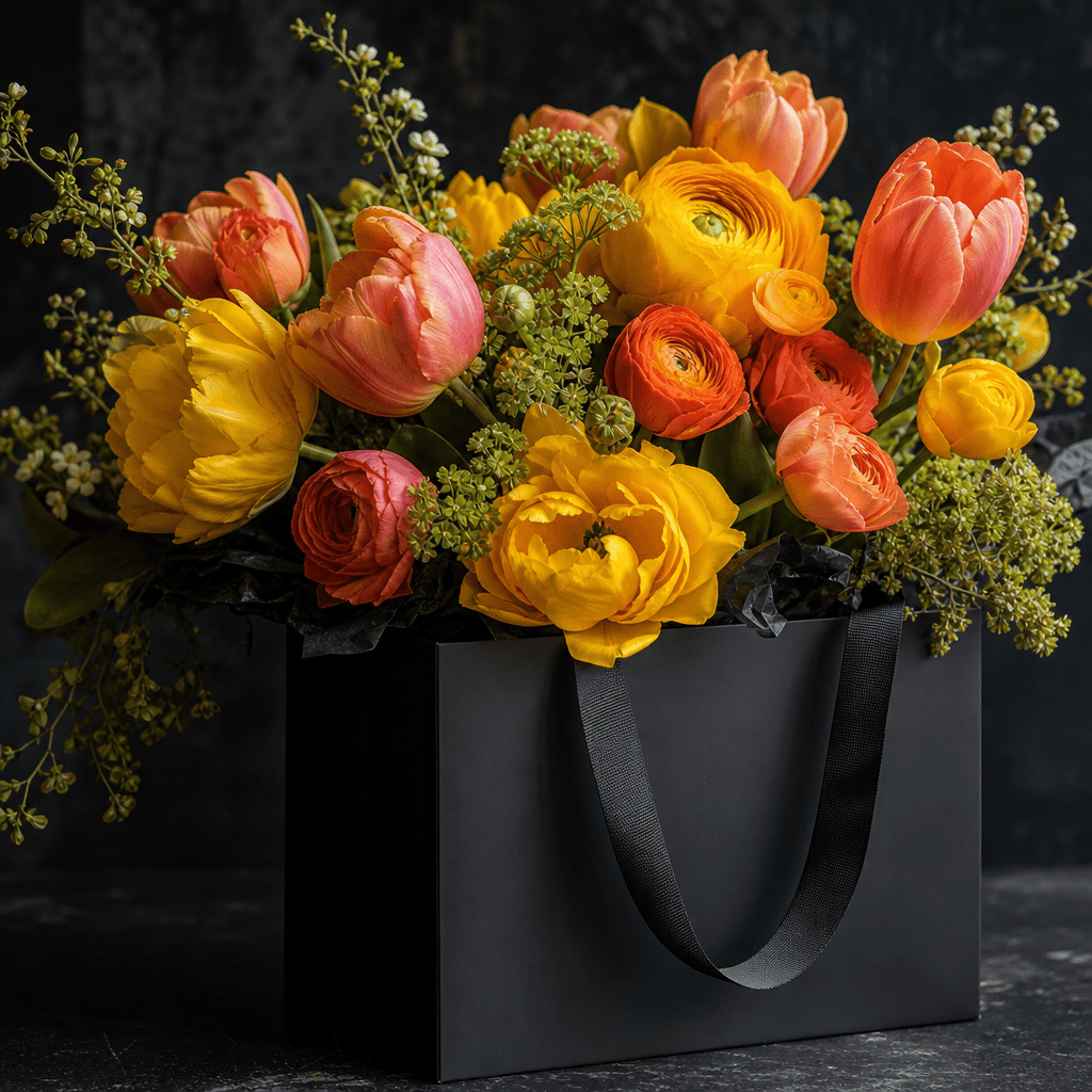 A bright spring bouquet of tulips, ranunculus, and delicate greenery presented in a sharp black branded-style shopping b