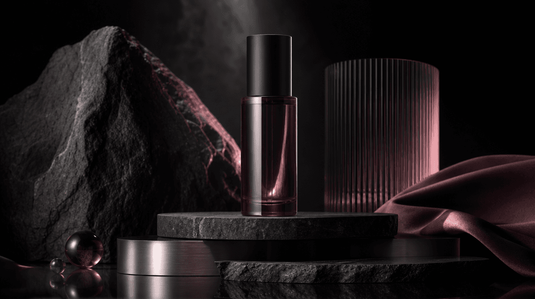 A simple cosmetic bottle transitioning into a luxurious retail still life through layered materials: matte stone, brushe
