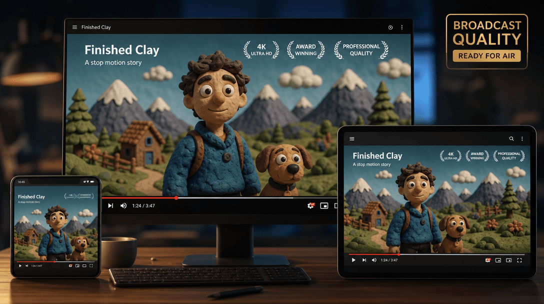 Finished clay video playing on multiple devices: phone, tablet, desktop, professional broadcast quality indicated throug