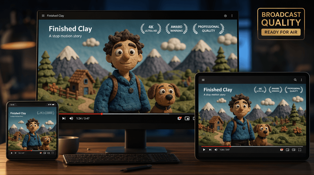 Finished clay video playing on multiple devices: phone, tablet, desktop, professional broadcast quality indicated throug