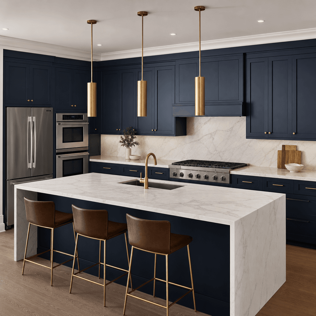 Photorealistic render of a contemporary kitchen interior. Deep navy shaker cabinetry, honed Calacatta marble countertops