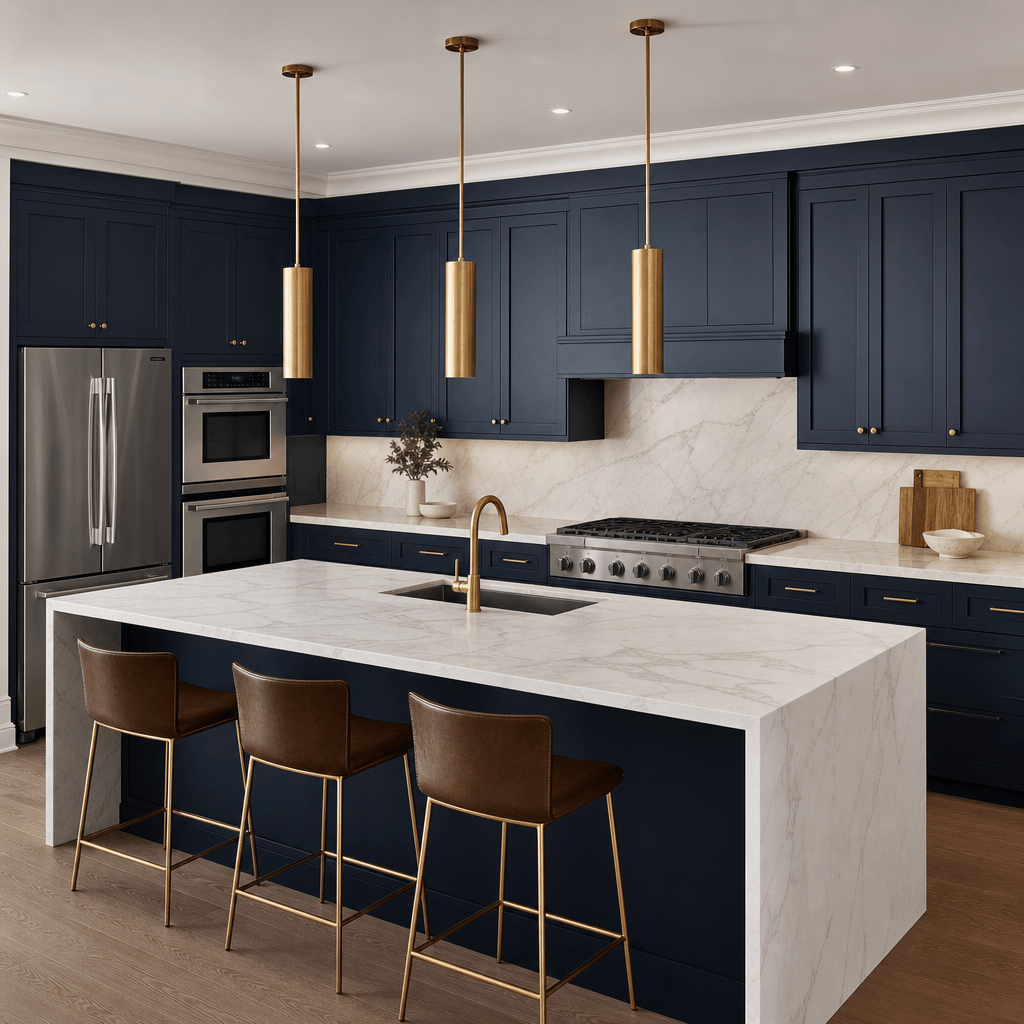 Photorealistic render of a contemporary kitchen interior. Deep navy shaker cabinetry, honed Calacatta marble countertops