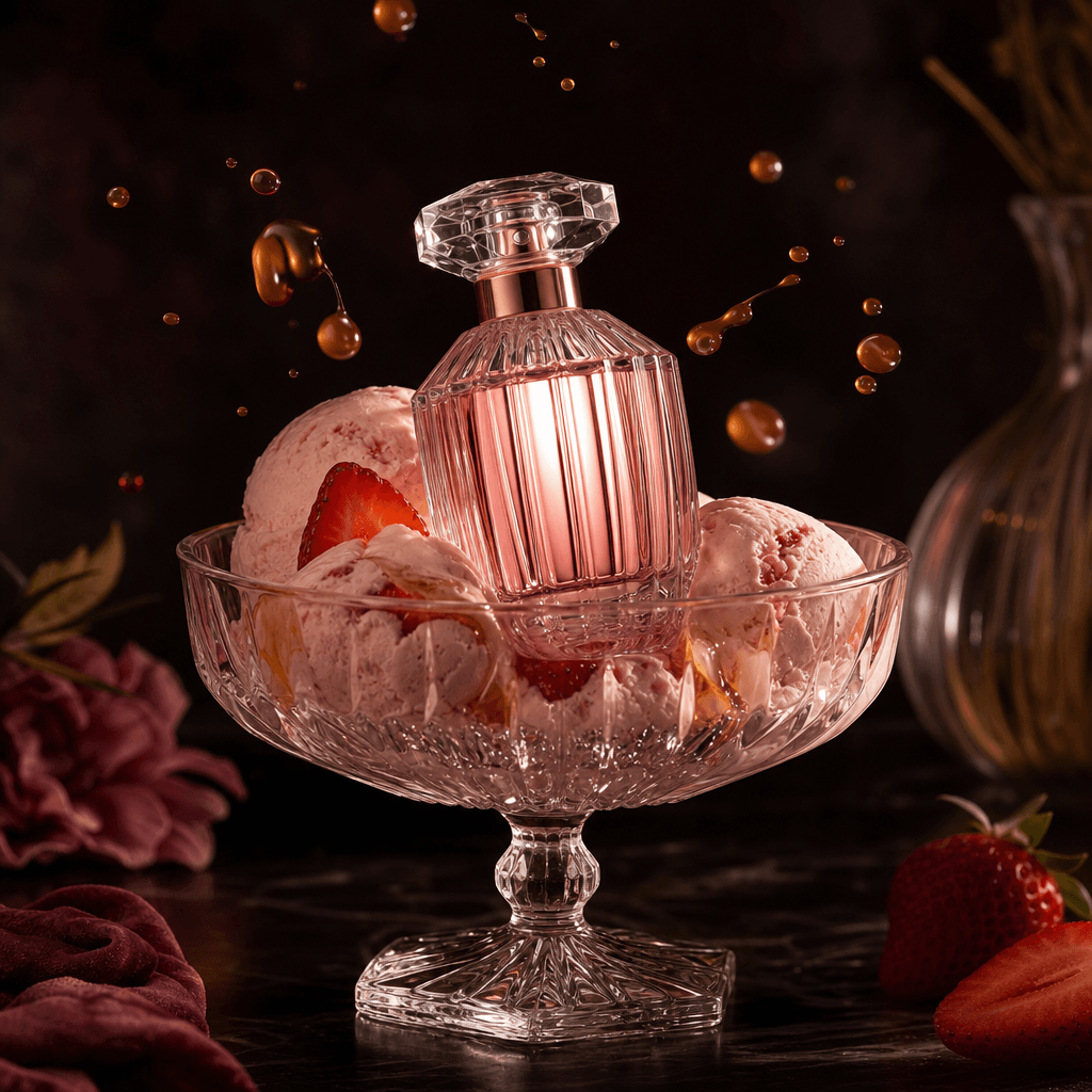 An elegant perfume bottle placed in a glass dessert bowl filled with pale strawberry ice cream, caramel droplets suspend