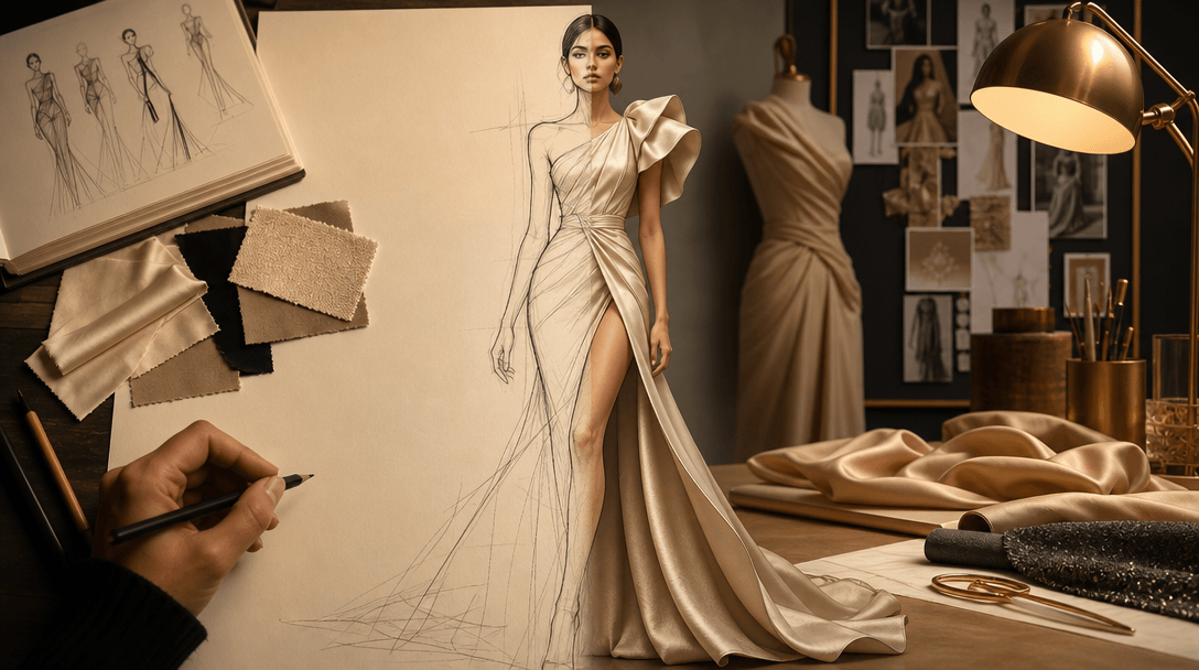 Design studio workspace: split-screen composition showing hand-drawn fashion croquis sketch on cream paper on left side