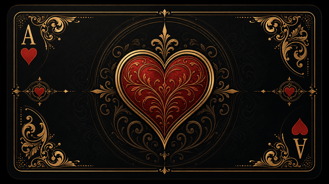 Abstract playing card design elements: hearts symbols, ornate corners, gold accents, dark background, refined aesthetic
