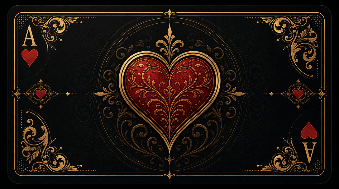 Abstract playing card design elements: hearts symbols, ornate corners, gold accents, dark background, refined aesthetic
