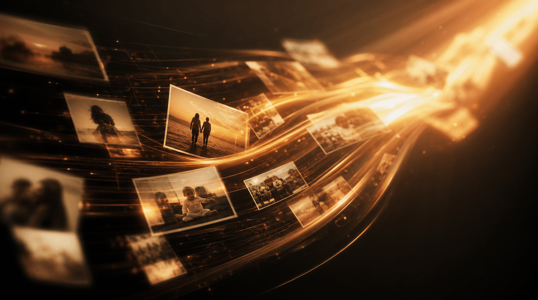Abstract transition effect: photos flowing and transforming with light streaks, emotional warm color grading, motion blu