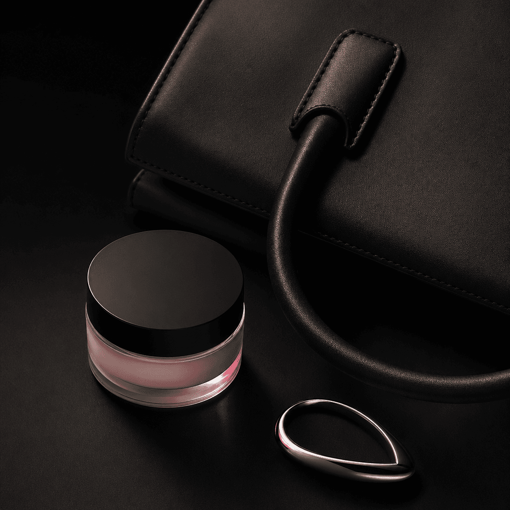 A small skincare moisturizer jar positioned beside a structured handbag handle and a single polished metal accessory, re