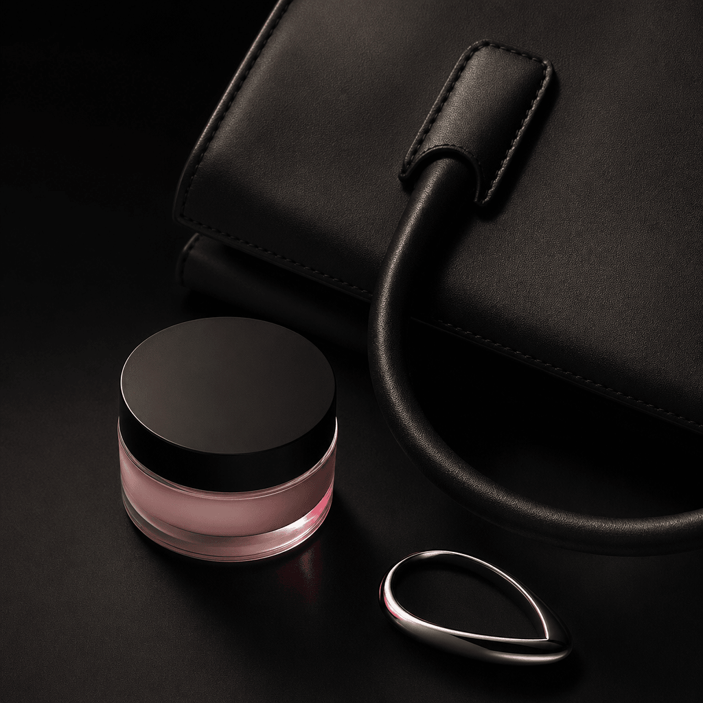 A small skincare moisturizer jar positioned beside a structured handbag handle and a single polished metal accessory, re