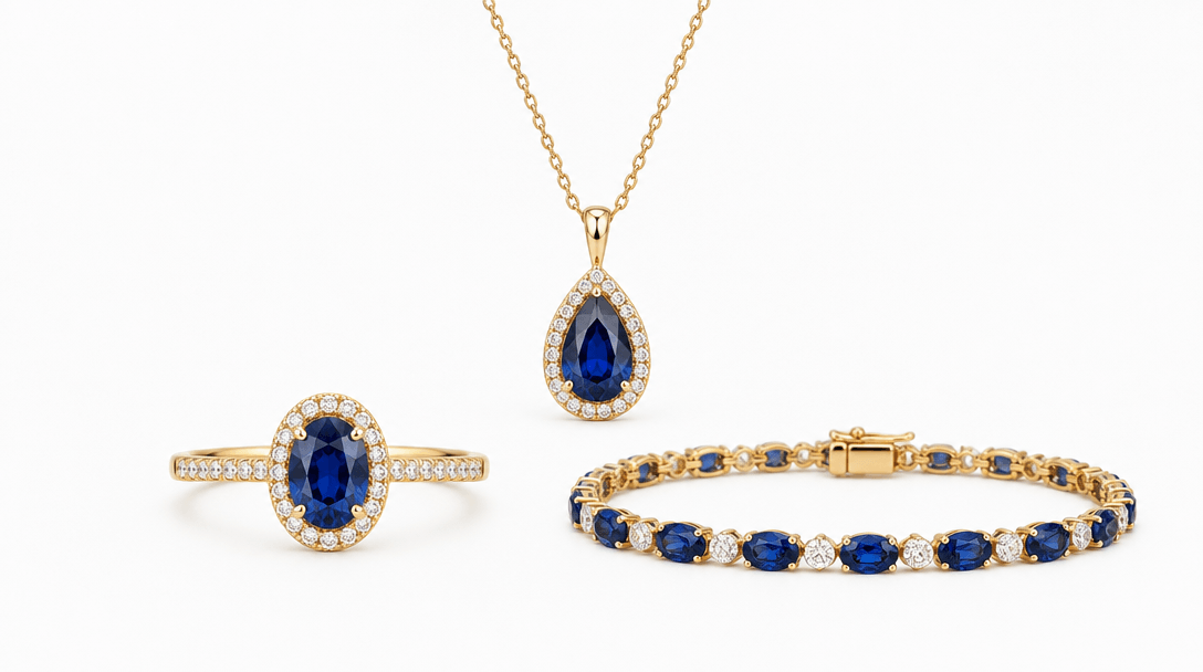 Three jewelry pieces — a ring, a pendant, and a bracelet — arranged in a precise symmetrical composition on a clean matt