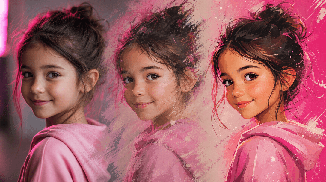Abstract photo-to-illustration transformation: Child's photo on left side gradually transforms into illustrated characte