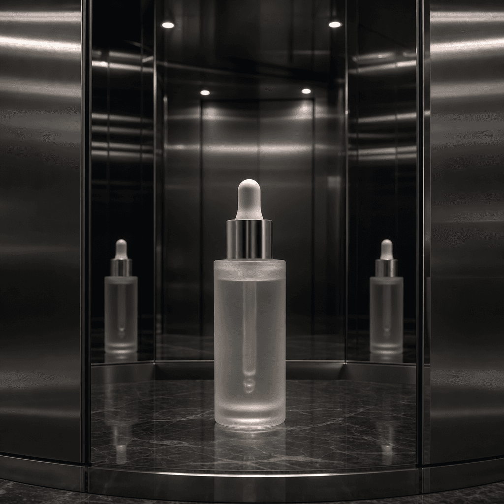 Stylish skincare serum bottle staged inside a mirrored elevator, soft specular highlights on the frosted glass packaging