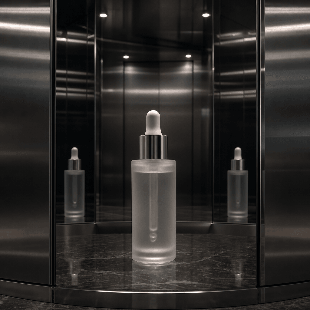 Stylish skincare serum bottle staged inside a mirrored elevator, soft specular highlights on the frosted glass packaging