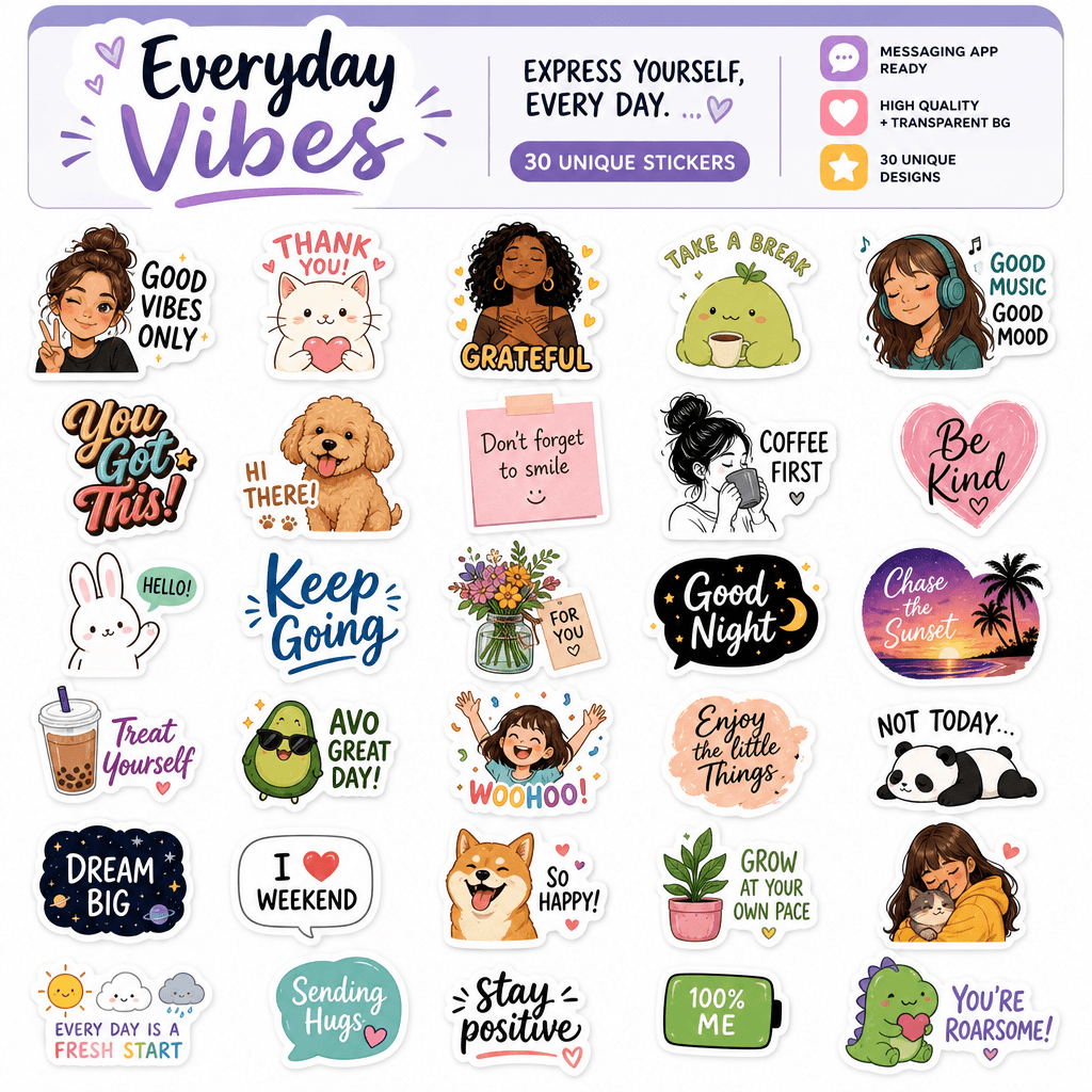 Complete sticker sheet displayed with diverse styles, professional sticker pack layout, messaging app ready