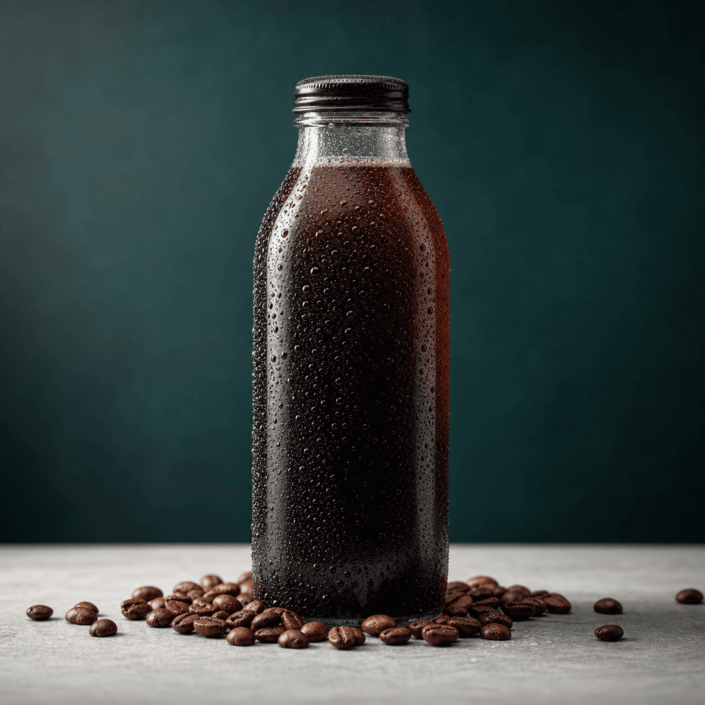 Square studio product shot of a cold-brew coffee bottle on a minimal pale concrete surface. Droplets of condensation on