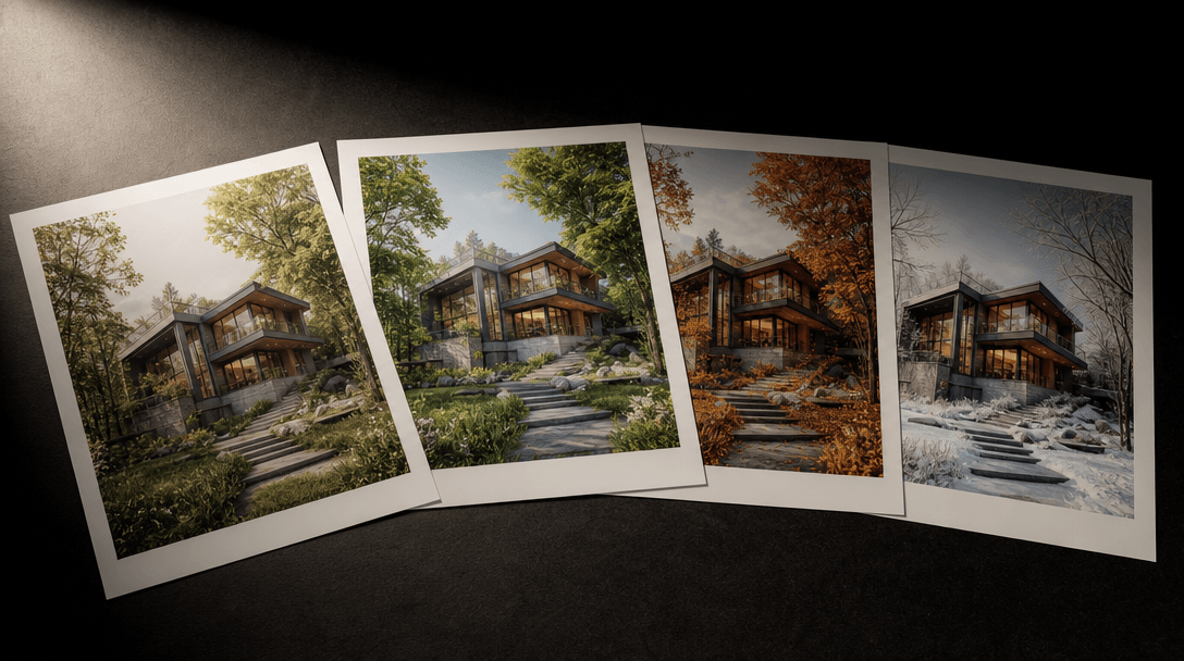 Wide editorial still-life of four large-format architectural render prints laid flat and fanned slightly on a deep matte