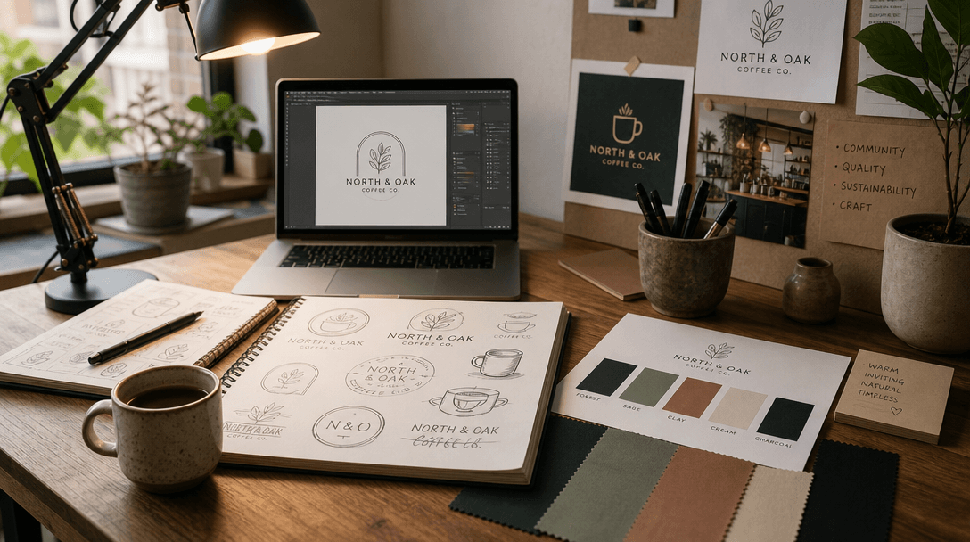 Designer's desk with café logo sketches, brand color swatches displayed, natural creative workspace lighting, artistic d
