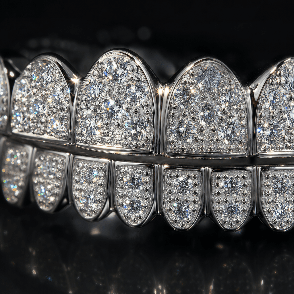 Close-up diamond grillz with realistic light reflections and sparkles. Premium luxury jewelry photography. Studio lighti