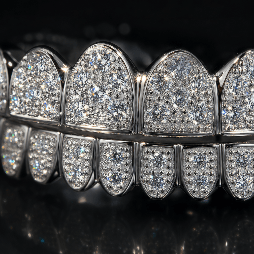 Close-up diamond grillz with realistic light reflections and sparkles. Premium luxury jewelry photography. Studio lighti