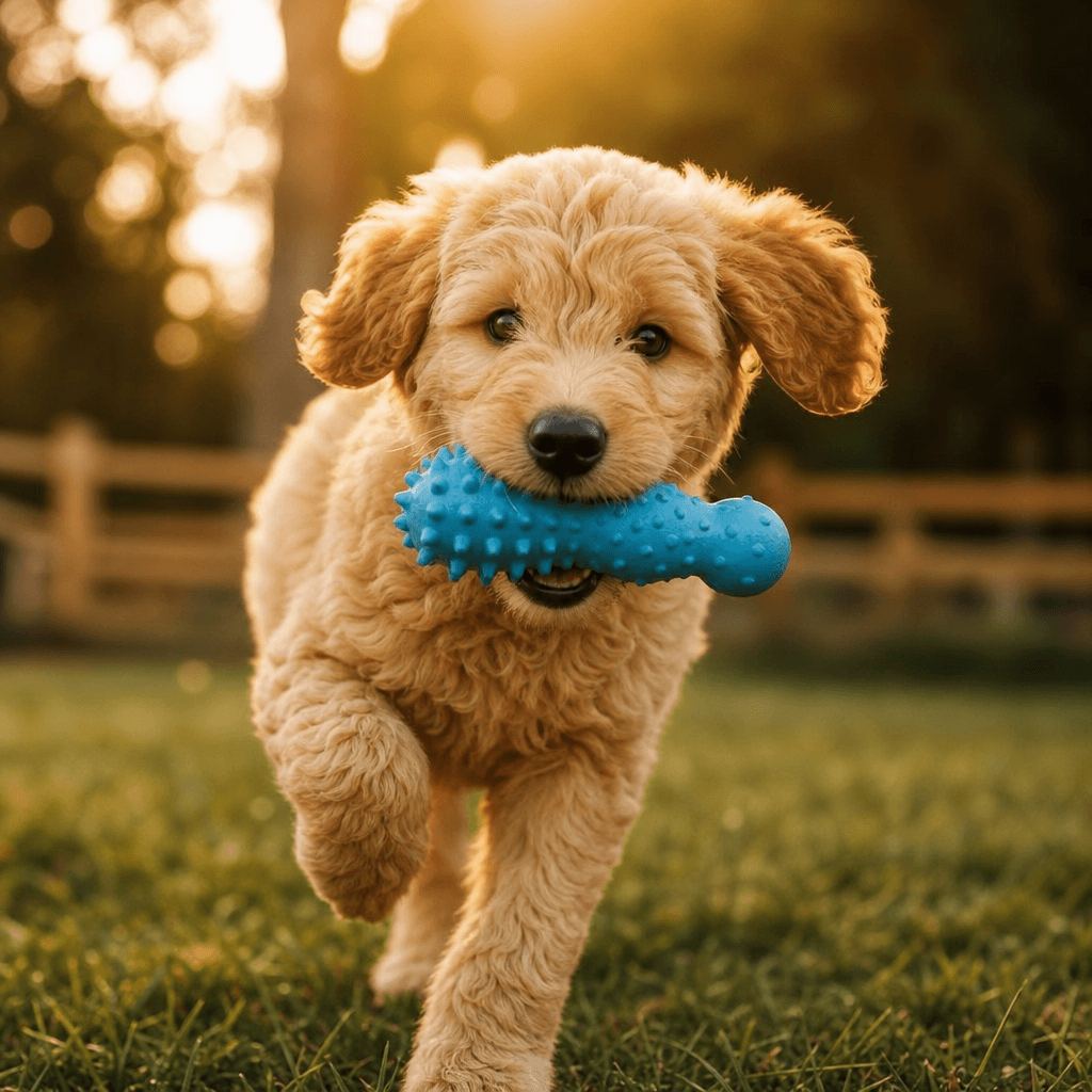 Golden doodle puppy holding blue squeaky toy in mouth, outdoor golden hour light, warm tones, joyful expression, action