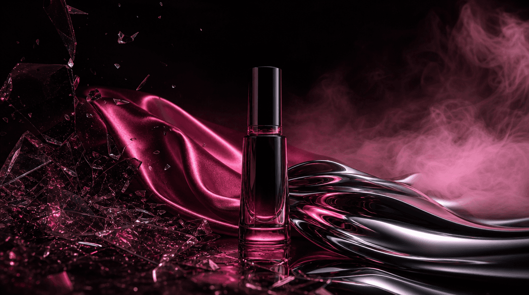 One beauty product surrounded by four distinct cinematic material environments blending across a wide scene: fractured g