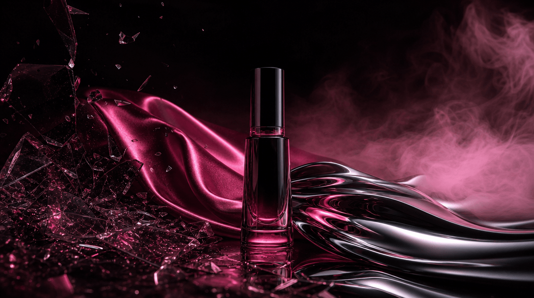 One beauty product surrounded by four distinct cinematic material environments blending across a wide scene: fractured g