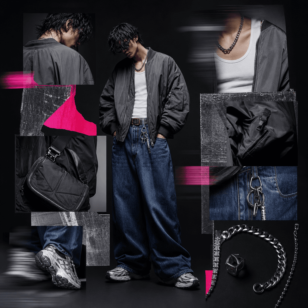 Modern streetwear fashion board with an oversized charcoal bomber, white tank, wide denim, technical sneakers, compact s