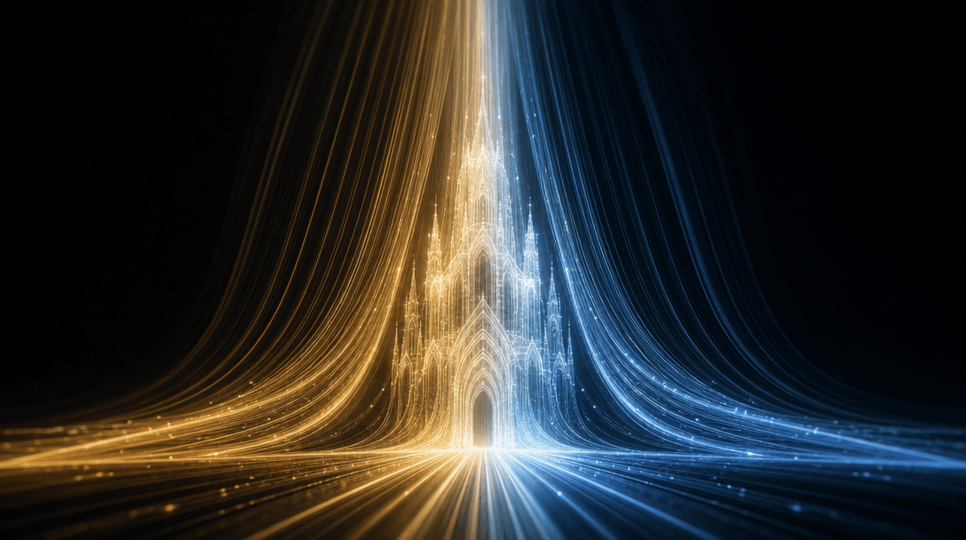 Abstract visualization of converging light streams — multiple thin rays of warm amber and cool blue light merging into a