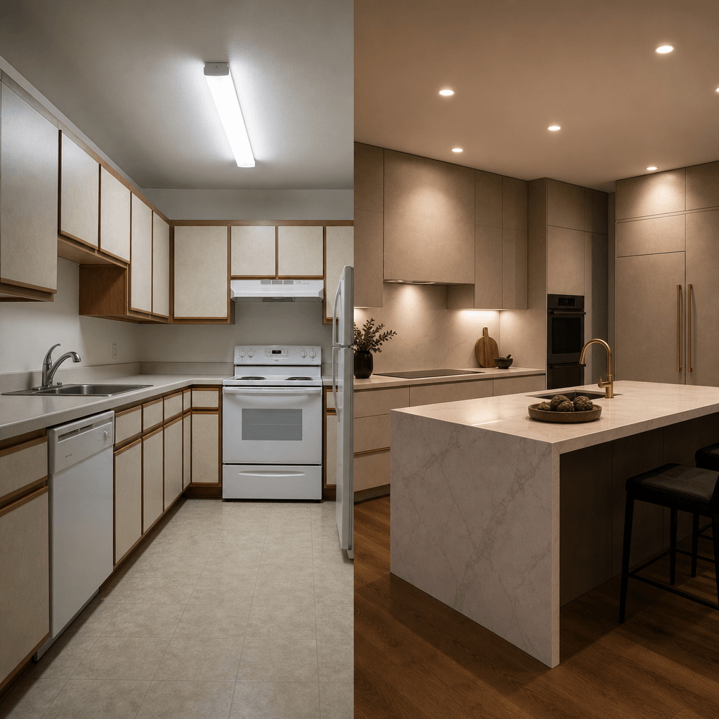 Square editorial kitchen renovation photograph, vertical center split. Left: laminate-fronted cabinets under cool fluore
