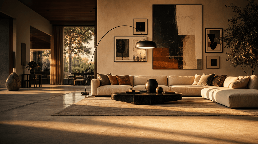 Wide low-angle interior shot — expansive luxury living space, statement sectional sofa, gallery wall with large abstract