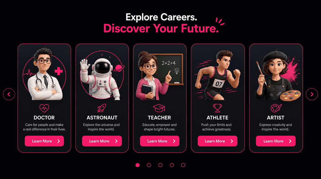 Career selection carousel: Five profession cards arranged horizontally showing different job roles with icons — doctor,