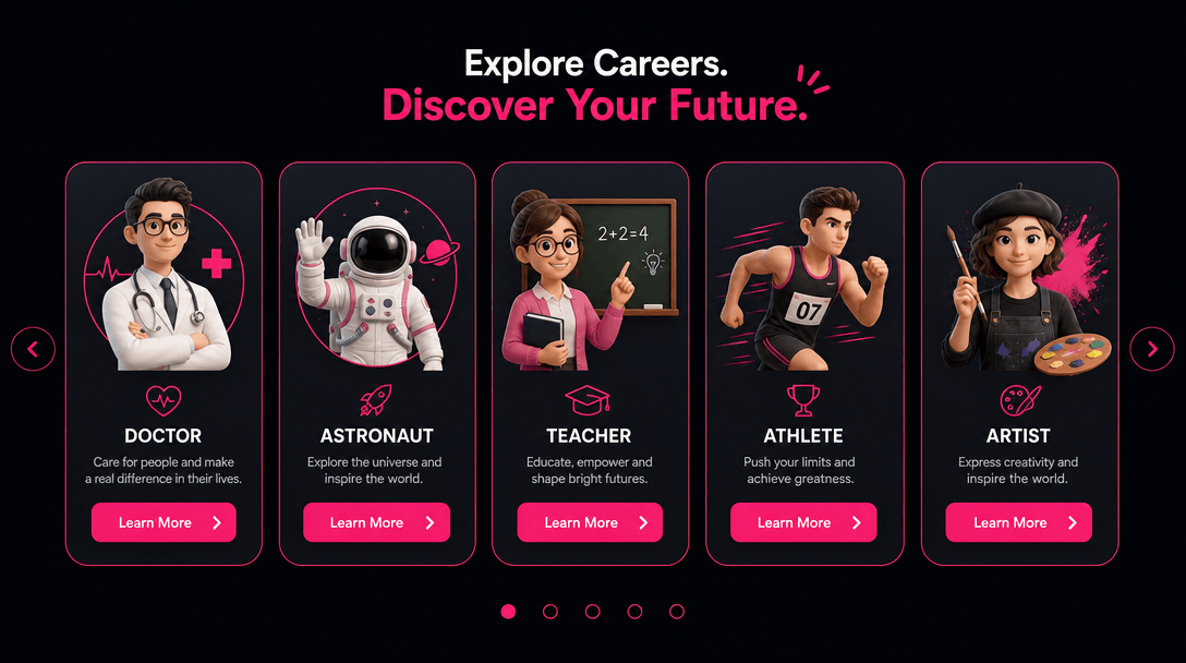 Career selection carousel: Five profession cards arranged horizontally showing different job roles with icons — doctor,