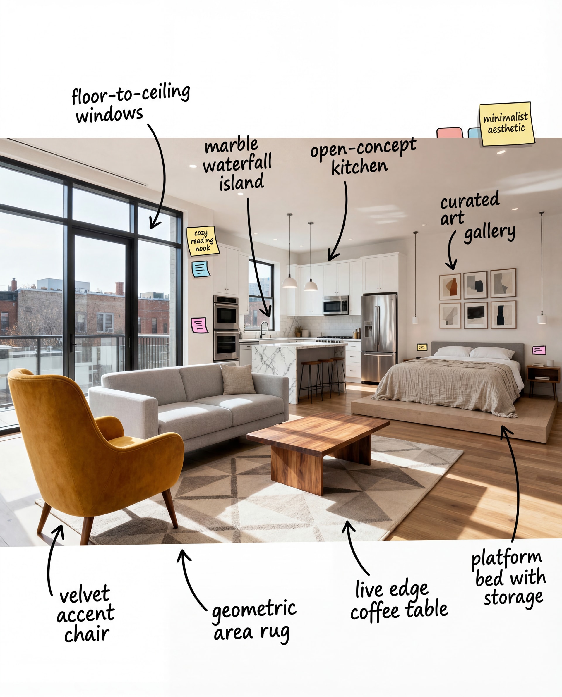 annotate interior design from first image in style of second and third ...
